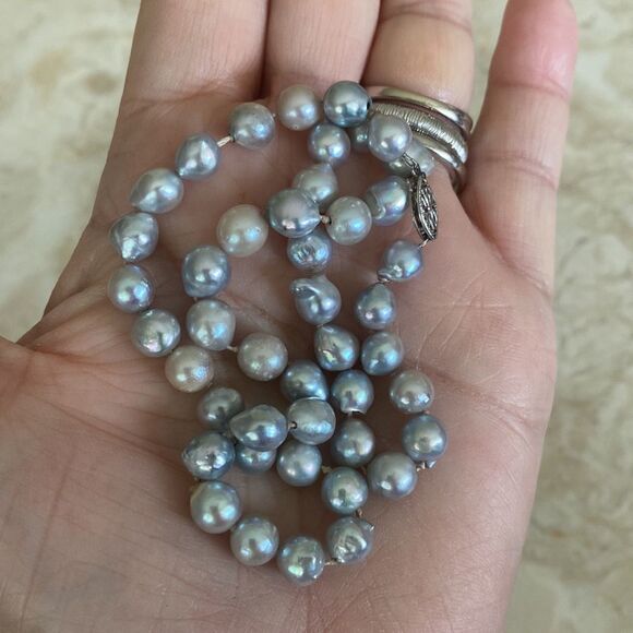 14k WG Grey Freshwater Pearl Antique Deco Necklace - Picture 4 of 7